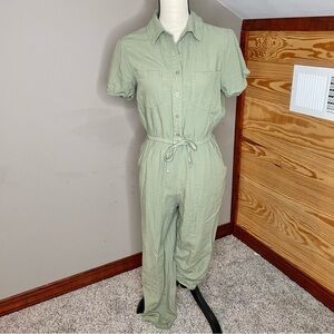 Jessica Simpson Olive Green Linen Blend Short Sleeve Button Up Jumpsuit Small